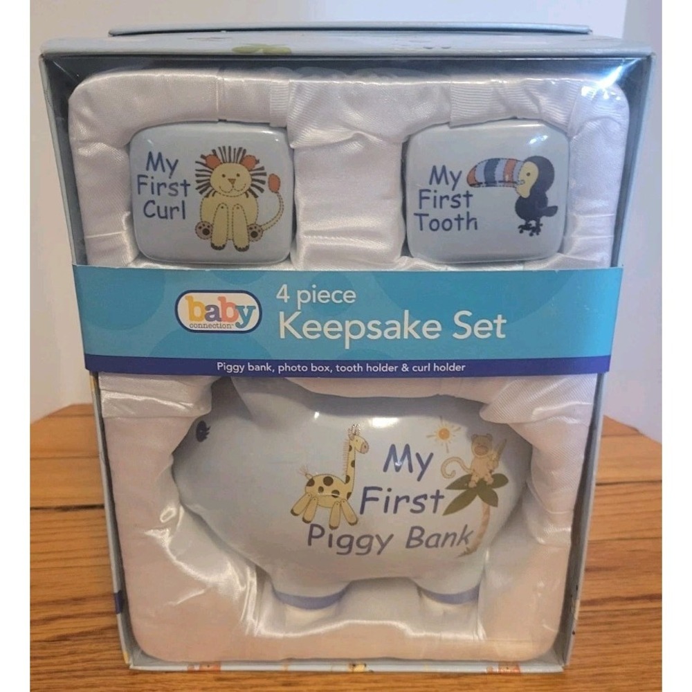 Baby Essentials 4-Piece Ceramic Set Photo Box First Tooth Curl Piggy Bank - Blue